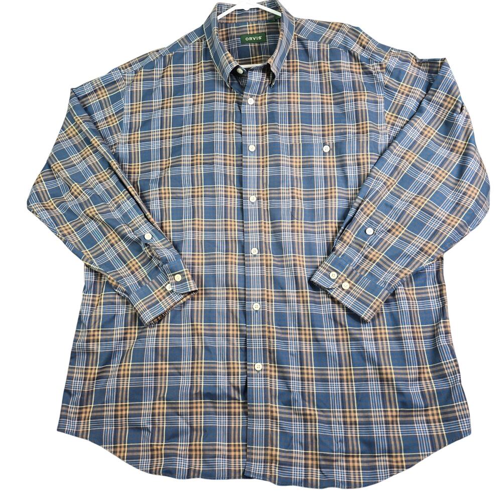 Orvis Button Front Shirt Men XXL Blue Brown Plaid Cotton Casual Dress‎ Workwear